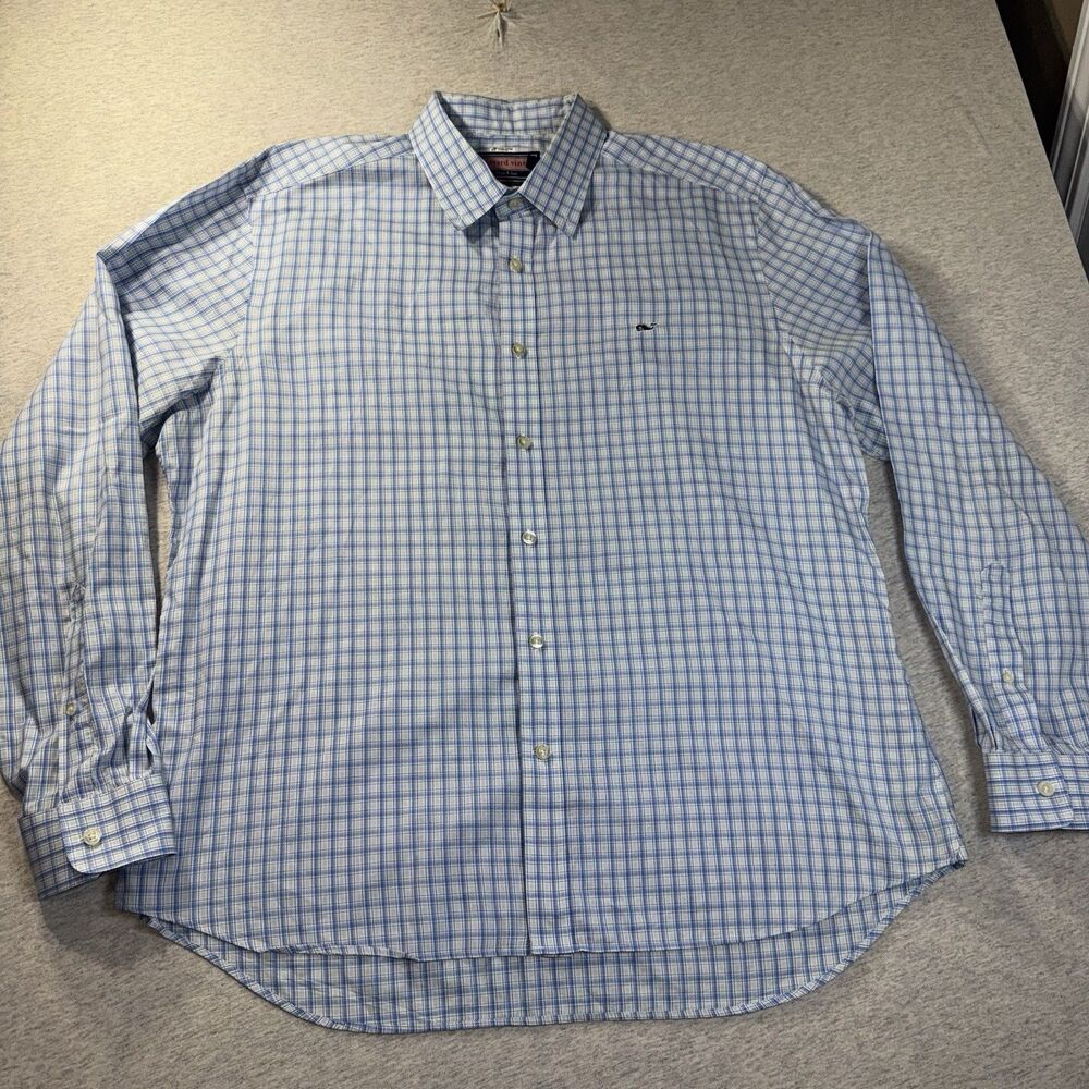 Vineyard Vines Collegiate Shirt Blue White Long Sleeve Button Up Size Large